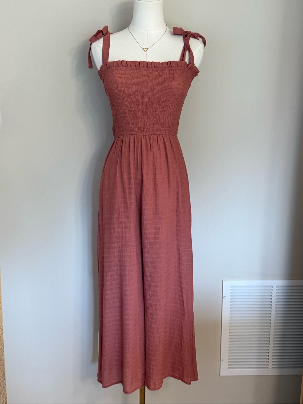 Altar'd State Smocked Wide Leg Jumpsuit Tie Shoulder Gauze Terracotta XS Boho